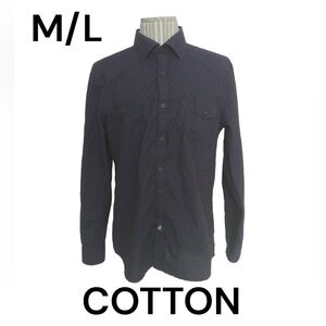 JOHN LENNON Cotton Dress Shirt Size **Large Button Down Navy Blue Polka Dots